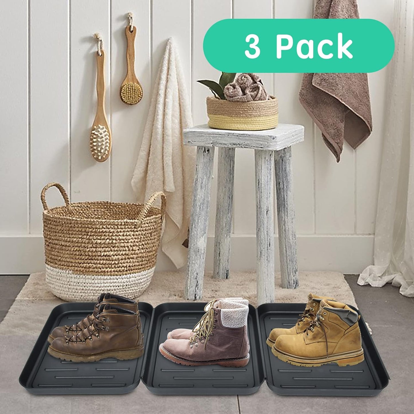 3 Packs Square Boot Tray, Akamino Plastic Utility Shoe Mat Tray for Entryway Indoor and Outdoor Use in All Seasons, 13.7x10.6x1inch,Black