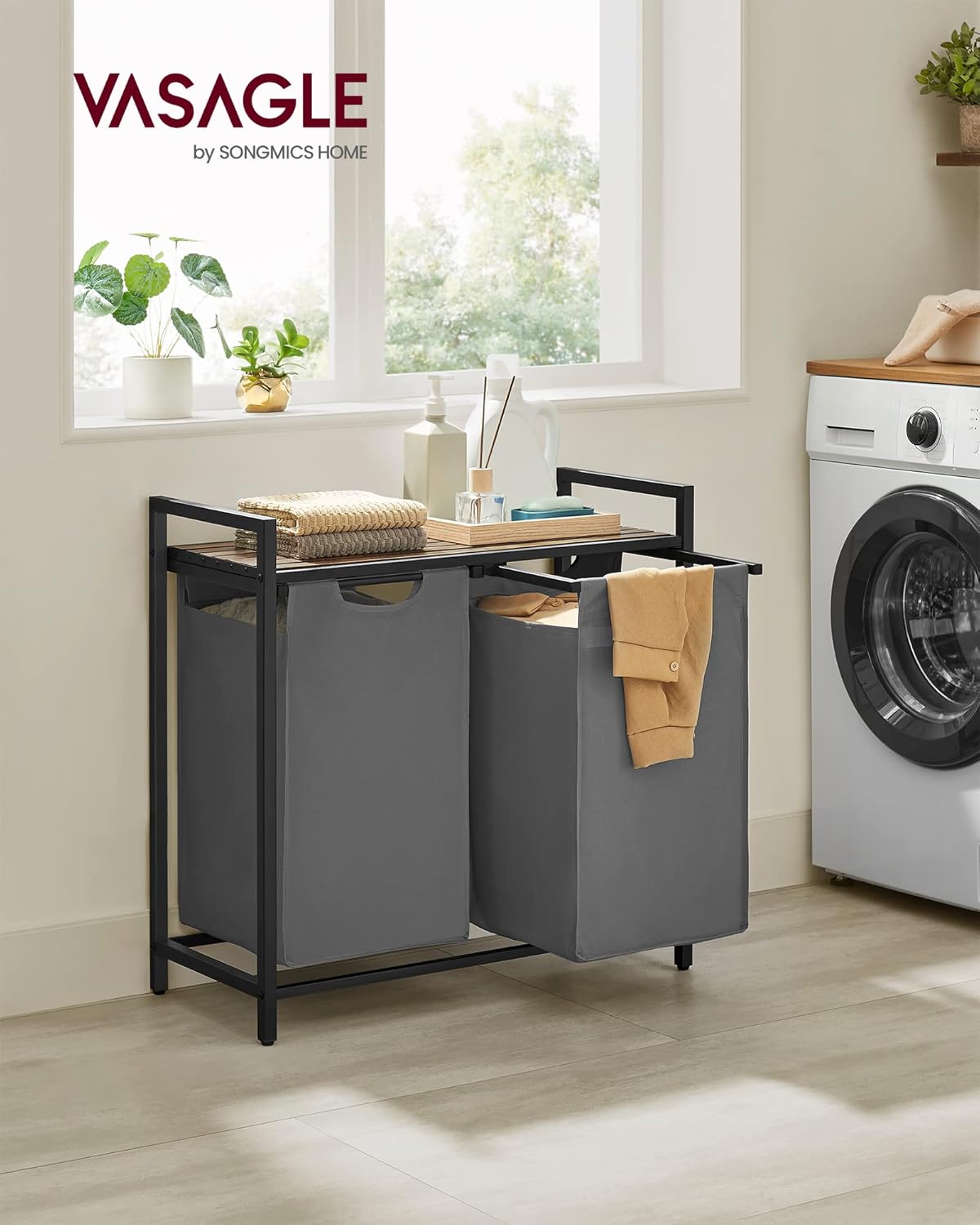 VASAGLE Laundry Hamper, Laundry Basket Sorter with 3 Pull-Out and Removable Bags, Shelf, Metal Frame, 3 x 10.6 Gallons (40 L), 36.4 x 13 x 28.4 Inches, Cappuccino Beige and Natural Beige UBLH301LH01