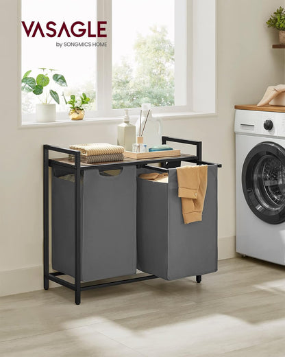 VASAGLE Laundry Hamper, Laundry Basket Sorter with 3 Pull-Out and Removable Bags, Shelf, Metal Frame, 3 x 10.6 Gallons (40 L), 36.4 x 13 x 28.4 Inches, Cappuccino Beige and Natural Beige UBLH301LH01