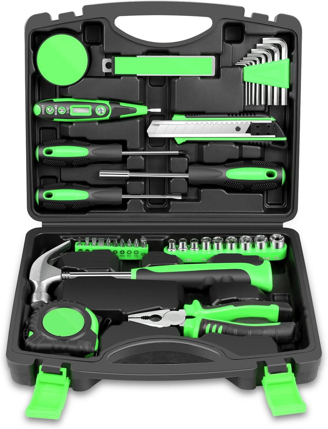 Auto Dynasty Tool Kit for Home, Basic Household Hand Tool Sets with Screwdrivers Combination Tools, All in One Plastic Toolbox Storage Case for College Dorm, Office, Auto Repair (Green)