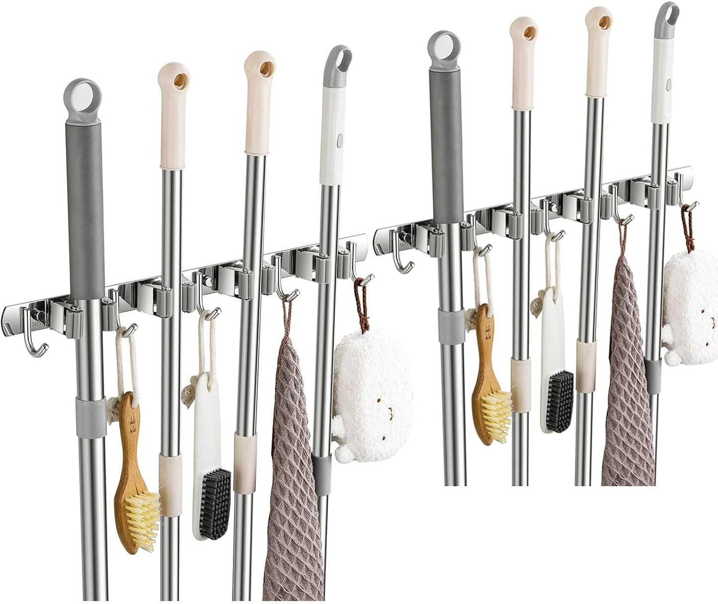 Broom Holder Wall Mount, Stainless Steel Broom Hanger Wall Mount, Heavy Duty Mop and Broom Holder Tool Racks Utility Hooks for Laundry Room Garden Garage, Black (4 Racks and 5 Hooks)