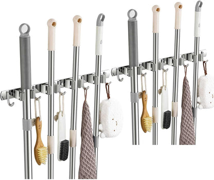 Broom Holder Wall Mount, Stainless Steel Broom Hanger Wall Mount, Heavy Duty Mop and Broom Holder Tool Racks Utility Hooks for Laundry Room Garden Garage, Black (4 Racks and 5 Hooks)