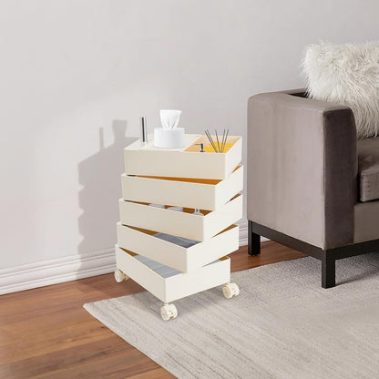 TFCFL 5 Tier Rolling Storage Cart, 360° Rotating Sofa Side Cabinet, Storage Cabinet Bedside Table for Bathroom Kitchen, Movable Narrow Cabinet with Wheels for Living Rooms, Kitchens, Offices (White)