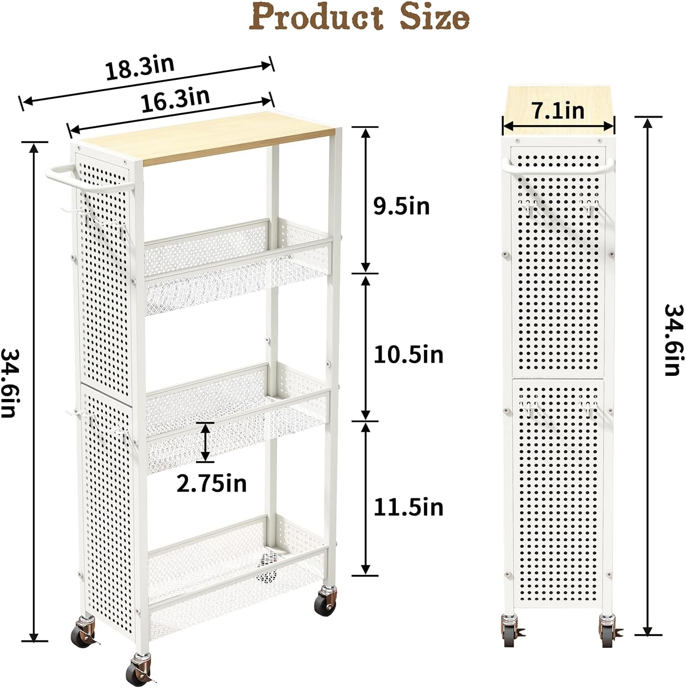Utility Slim Storage Cart 4 Tier Small Rolling Kitchen Laundry Room Organization Cart with Wood Top Metal Narrow Laundry Room Shelves Cabinet Unit Laundry Organizer Trolley with Handle for Small space