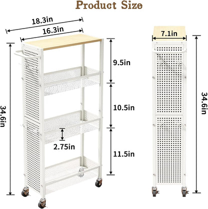 Utility Slim Storage Cart 4 Tier Small Rolling Kitchen Laundry Room Organization Cart with Wood Top Metal Narrow Laundry Room Shelves Cabinet Unit Laundry Organizer Trolley with Handle for Small space