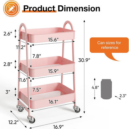 NEWBULIG 3-Tier Rolling Storage Cart, Metal Mobile Utility Organizer Shelf with Lockable Wheels, Space-Saving Freestanding Storage for Bathroom Living Room and Narrow Corner Spaces, Green