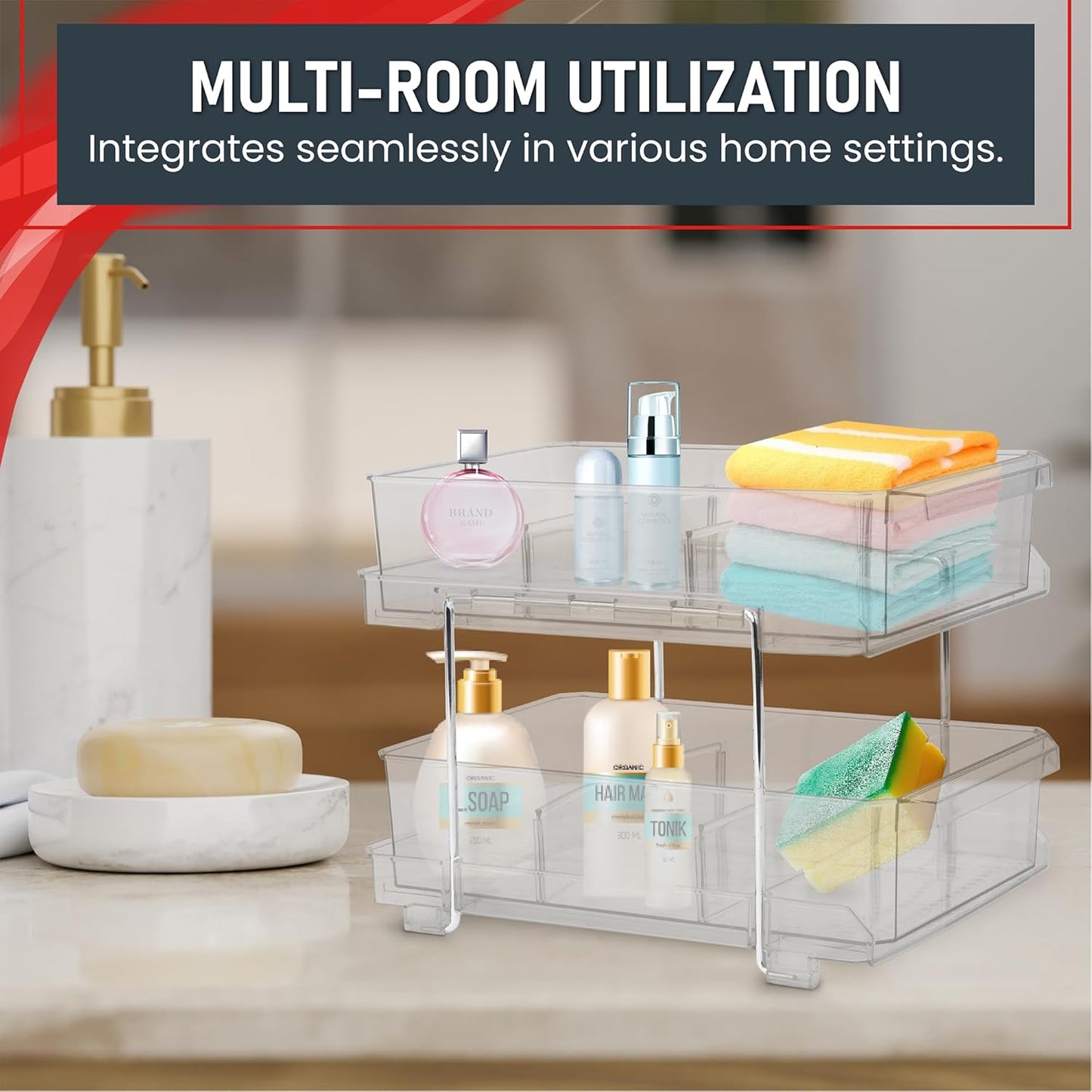 Masirs 2-Tier Clear Pull-Out Drawer Organizer - Sleek, Compact & Sturdy Makeup and Closet Organizer - Easy Assembly Kitchen Storage Solution, Ideal for Makeup, Tools, Medicines & Snacks