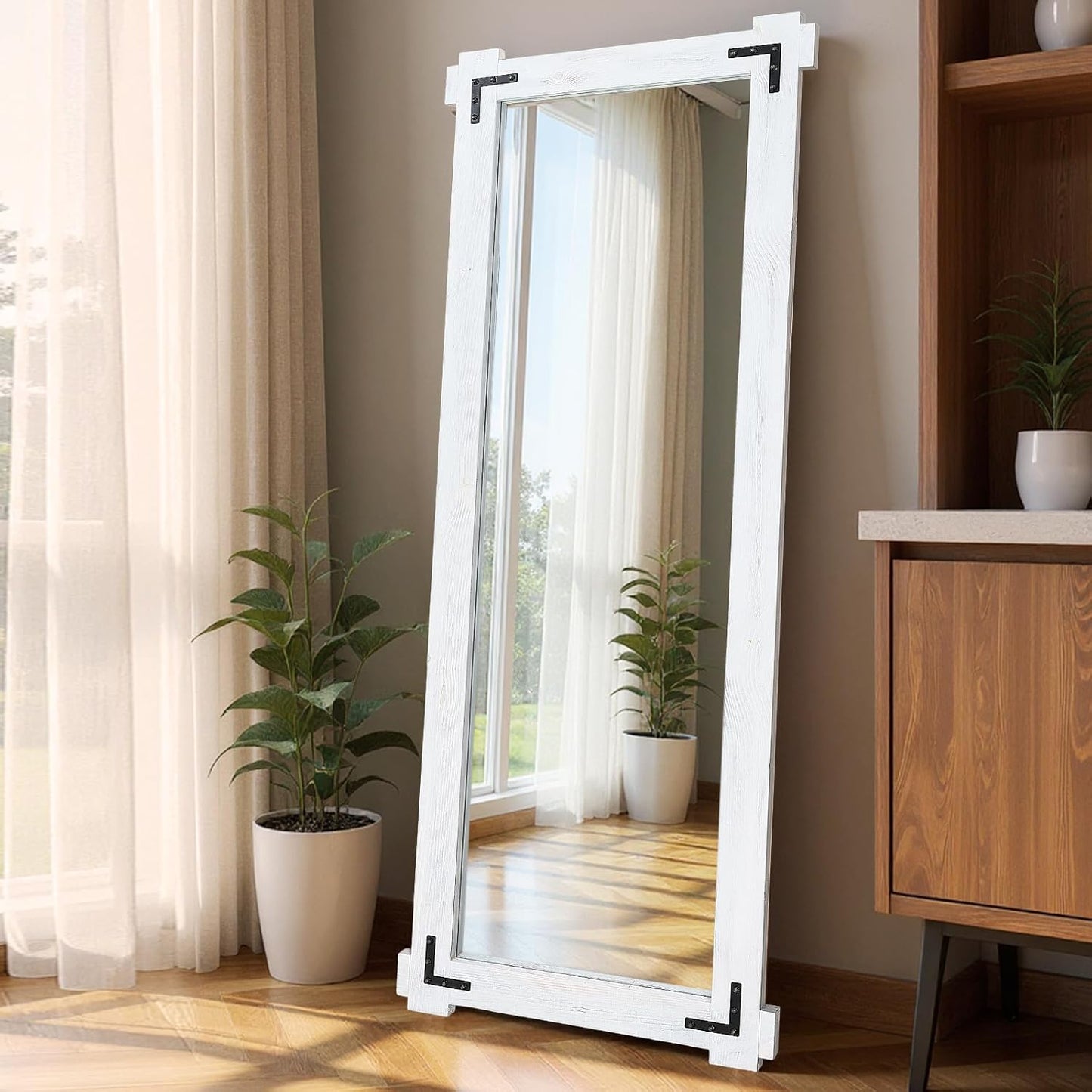 65x24 Inch Full Length Mirror, Pine Frame Full Body Standing Mirror with Metal Decorative, Black