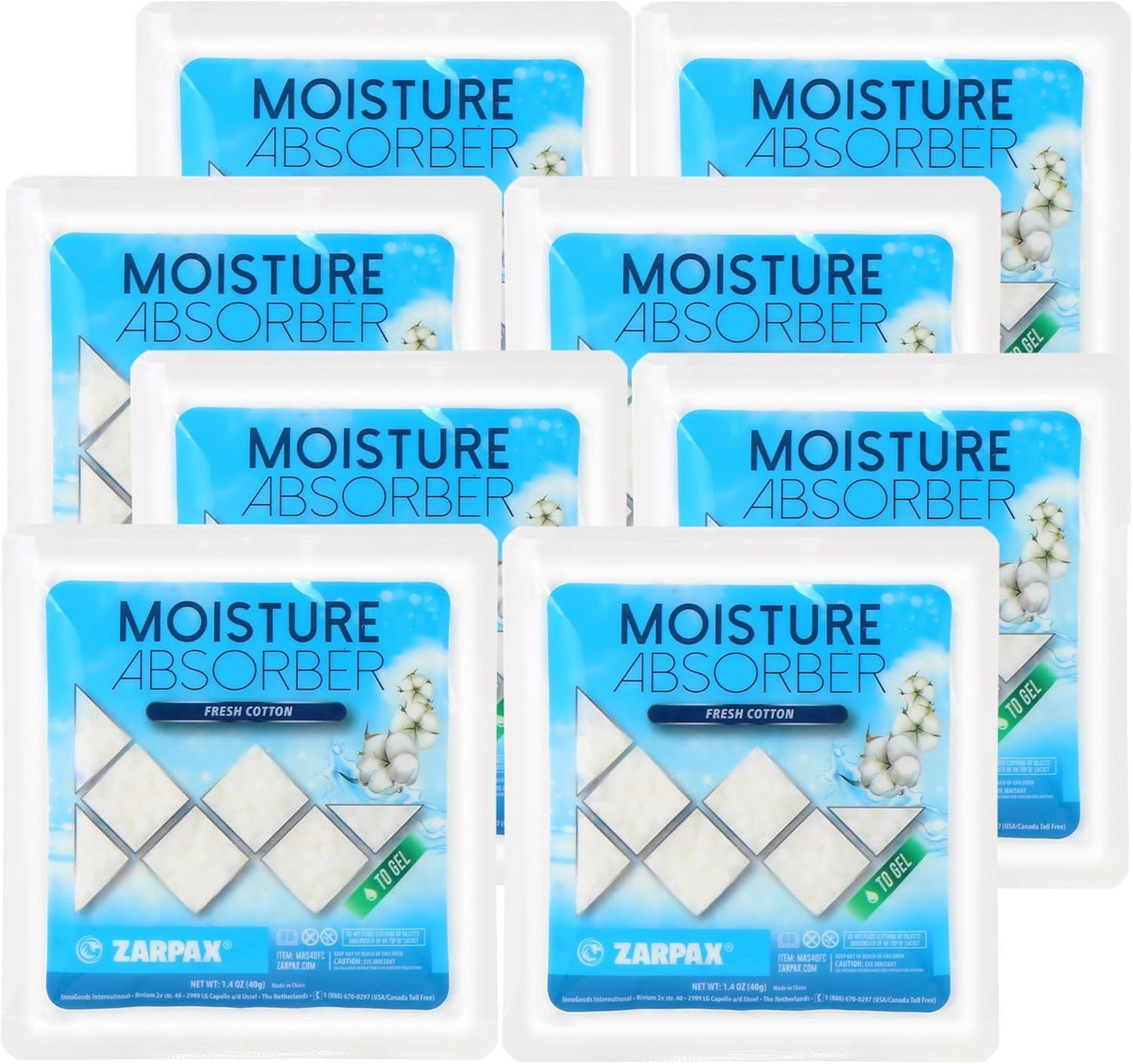 Zarpax Moisture Absorber Sachets Fresh Cotton 1.4 oz/40g - Remove Excess Moisture In Air & Odor - Desiccant Dehumidifier for Closet, Drawer, Safe, Storage - Dampness & Humidity Control - Set of 8
