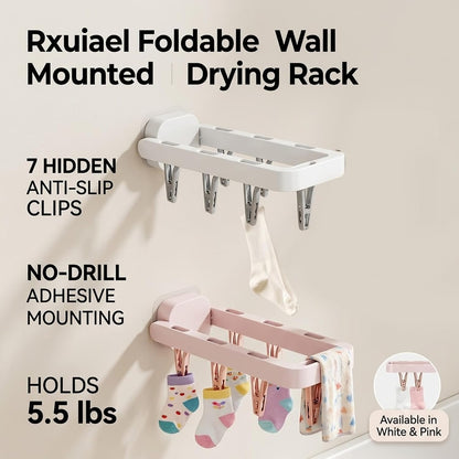 Foldable Wall Mounted Drying Rack with 7 Hidden Clips, Punch-Free Adhesive Sock & Underwear Hanger, Collapsible Space-Saving Laundry Rack for Bathroom, Balcony & Washstand, Holds 11 lbs (White-1 Pcs)