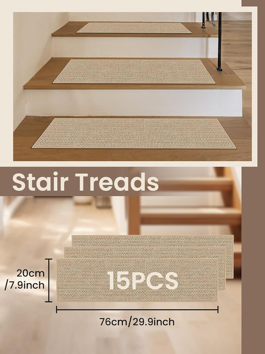 Stair Treads for Wooden Steps Indoor, Peel and Stick Stair Tread,Stair Runners, Non-Slip Carpet Stair-Treads for Kids, Elders & Pets, Machine Washable, Reusable(15PCS,30"x8",Beige)