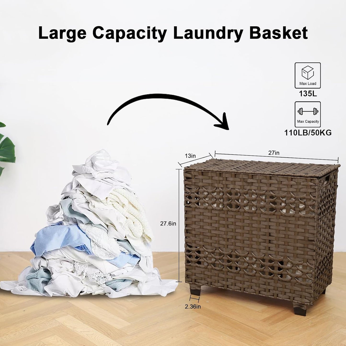 OIAHOMY Laundry Hamper with Lid, 140L Clothes Hamper with 3 Removable Liner Bags, Foldable Basket with Lid, Synthetic Wicker Laundry Basket for Bedroom, 27x 13 x 26 Inches, Yellow