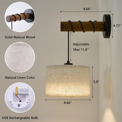 XSDeTu Rechargeable Battery Operated Wall Sconces Set of 2, Modern Battery Powered Wall Light with Wooden Arm & Remote Control, Adjustable 3 Colors Dimmable Wall Lamps for Bedroom, Living Room