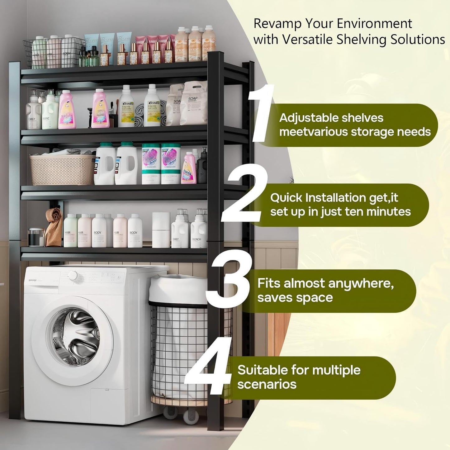 Over Washer and Dryer Shelves, Laundry Room Shelves Adjustable Metal Heavy Duty Freestanding Storage Shelving, Washing Machine Rack for Organization and Storage, Black (39.4" W X 17.7" D X 71.2" H)