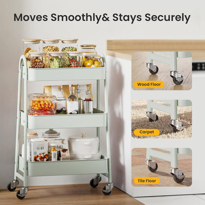 DUMOS 3 Tiers Rolling Cart, Utility Cart, Metal, White | Mobile Storage, Lockable Wheels, Utility Shelving Unit, Kitchen, Bathroom, Laundry, Narrow Places