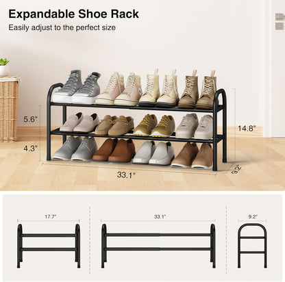 STO STO Expandable Shoe Rack, 3-Tier Metal Small Shoe Rack for Closet, Up to 16 Pairs Adjustable Shoes Racks Storage for Front Door Entrance, Free Standing Shoes Rack Organizer for Entryway, Black