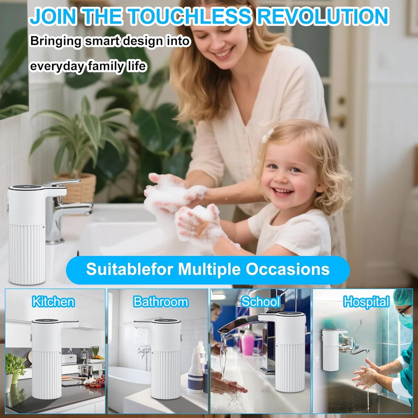 HOMELYLIFE Automatic Foam/Luquid Soap Dispenser, 13.53oz/400ml Touchless Dispenser w/ 4 Adjustable Levels, 1800mAh USB Rechargeable Smart Hand Free Dispenser for Bathroom,Kitchen,Office,Home (Foam)