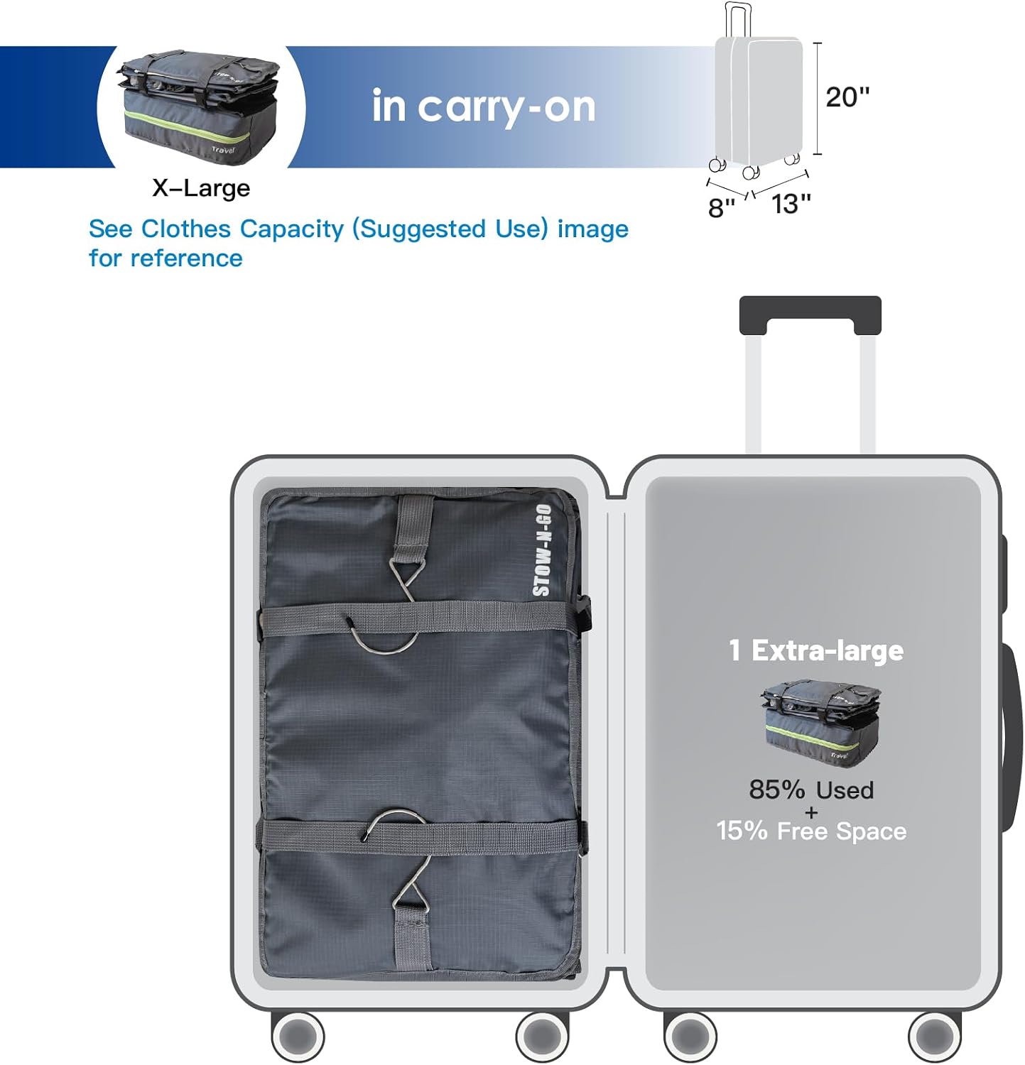 Grand Fusion Stow-N-Go Hanging Travel Shelves, Packing Organizer for Luggage. Carry on Closet for Suitcase. Expandable Packing Cube. Travel Essentials. (Black - L, L = (L) 11.8" x (W) 11.8")