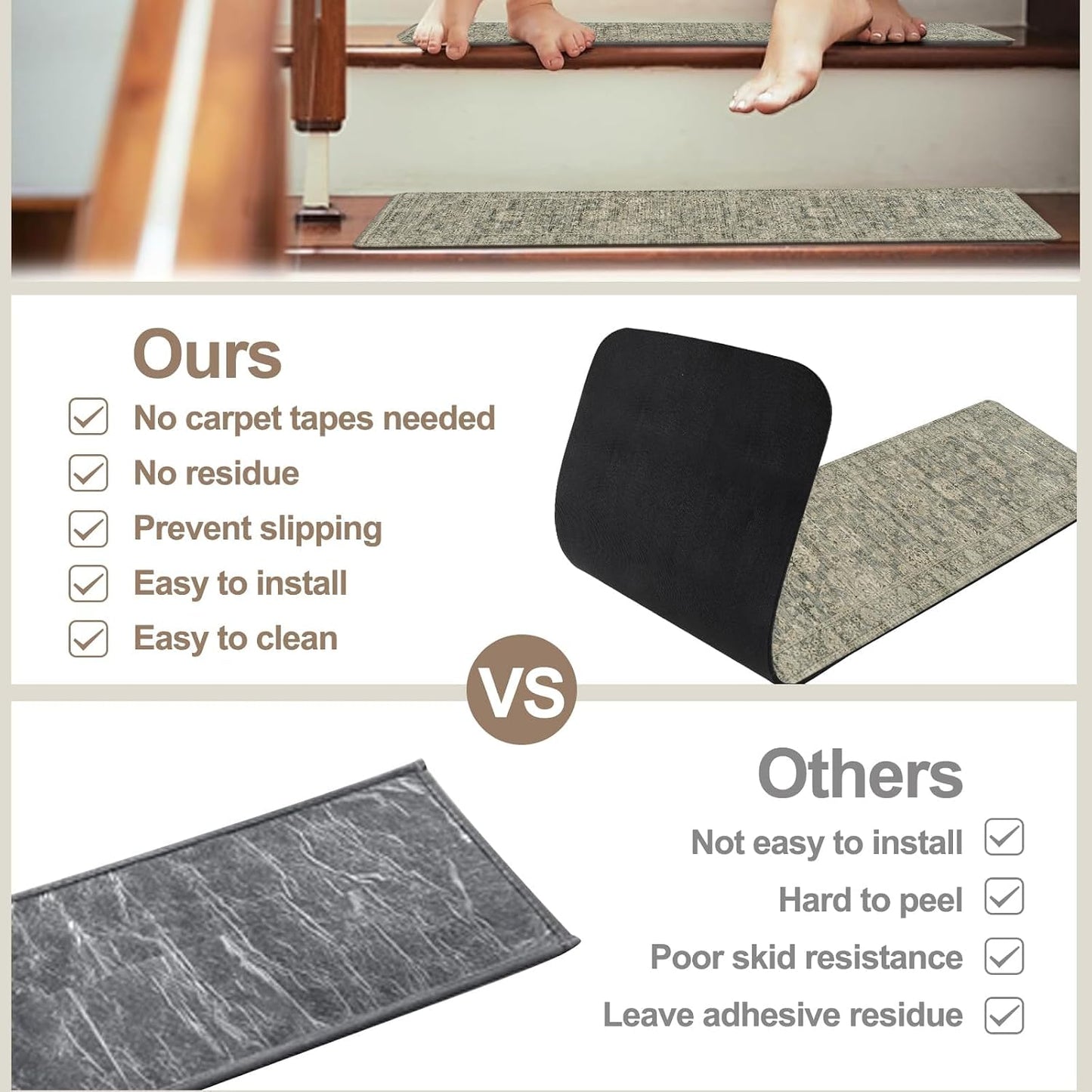 OJIA Extra Non-Slip Stair Treads for Wooden Steps 15PCS, 30"X8" Rubber Indoor Stair Runner Slip Resistant Stair Rugs Safety Mats for Dogs, Kids & Elders, Stairway Grip Step Treads, Gray