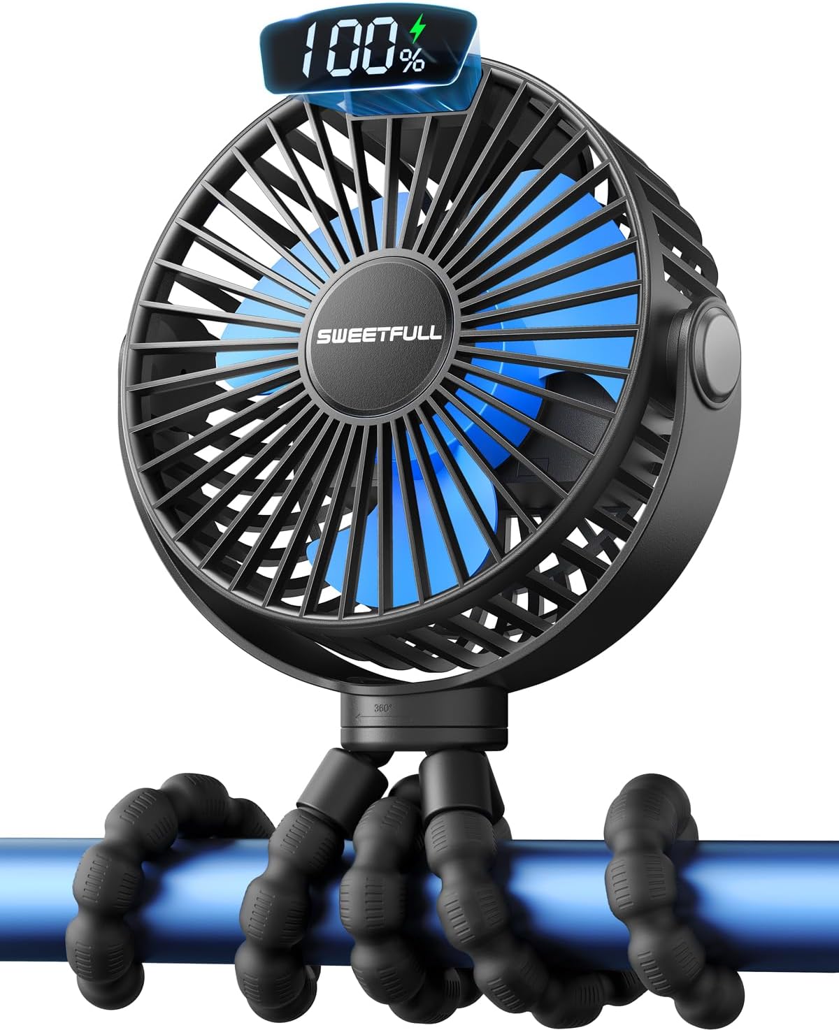 SWEETFULL [2026 Upgrade Portable Stroller Fan with LED Display, 4 Speed Rechargeable Mini Clip On Fan, 360° Rotate Flexible Tripod Better Cooling Small Baby Fan for Car Seat Crib Travel Treadmill