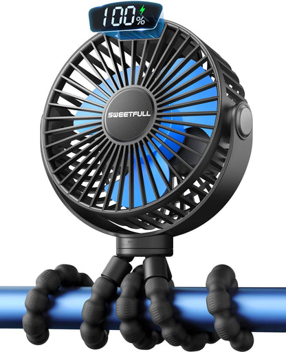SWEETFULL [2026 Upgrade Portable Stroller Fan with LED Display, 4 Speed Rechargeable Mini Clip On Fan, 360° Rotate Flexible Tripod Better Cooling Small Baby Fan for Car Seat Crib Travel Treadmill