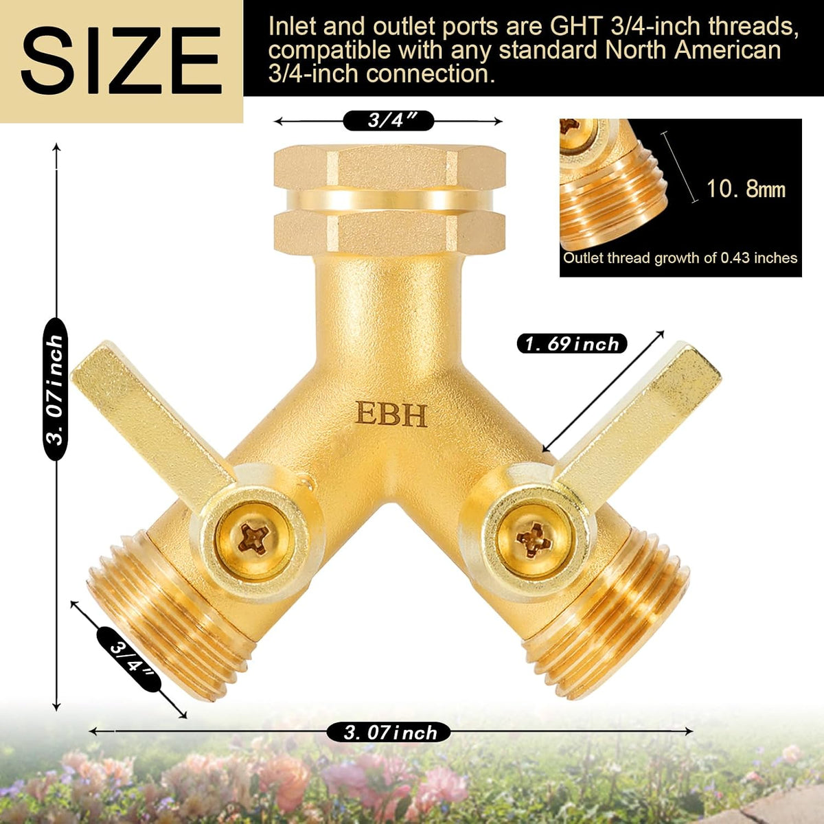 EBH Garden Hose Splitter, 2 Way Heavy Duty Hose Splitter with Shutoff Valves, Outdoor Faucet Y Spigot Adapter, 3/4" GHT Thread And Extra Long Metal Handle.