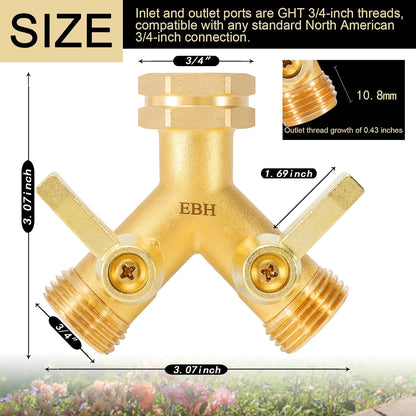 EBH Garden Hose Splitter, 2 Way Heavy Duty Hose Splitter with Shutoff Valves, Outdoor Faucet Y Spigot Adapter, 3/4" GHT Thread And Extra Long Metal Handle.