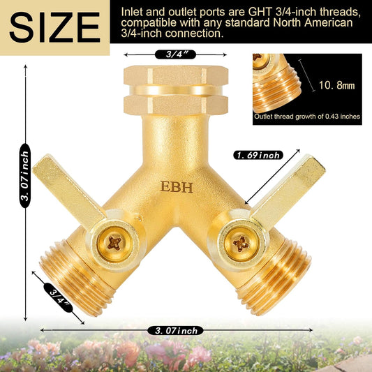EBH Garden Hose Splitter, 2 Way Heavy Duty Hose Splitter with Shutoff Valves, Outdoor Faucet Y Spigot Adapter, 3/4" GHT Thread And Extra Long Metal Handle.