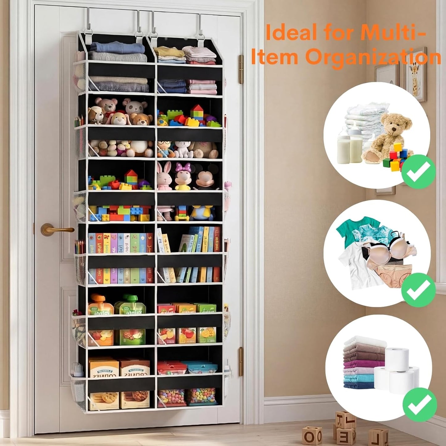 Over The Door Organizer, 5-Tier Extra Large Behind Door Storage with 10 Big Front & 10 Mesh Pockets, 80lb Capacity, Hanging Storage Organizer with Clear Window Kids Toys, Shoes, Diapers, Light Grey