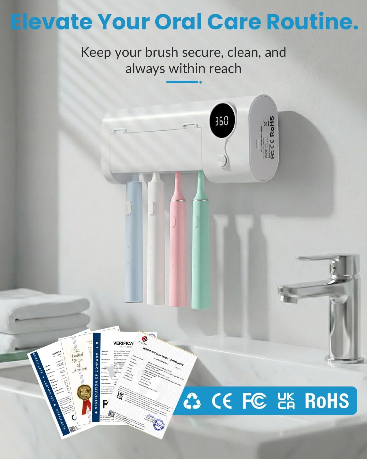 UV Toothbrush Sanitizer and Holder, GEVOODIX Smart Toothbrush Holder with 4-Slots Holders, Tooth Brush Cleaner Wall Mount for Home Bathroom