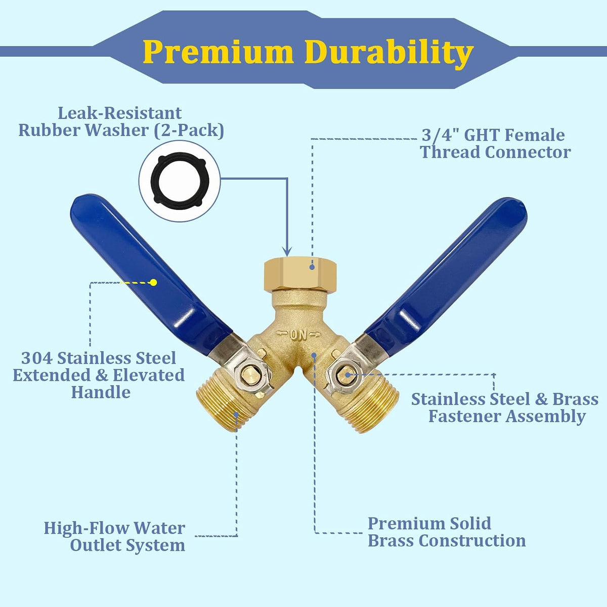 Garden Hose Splitter 2 Way Heavy Duty Brass with 304 Stainless Steel Elevated Handle Full Flow Water Hose Connector, Y Valve 3/4 Inch GHT Thread