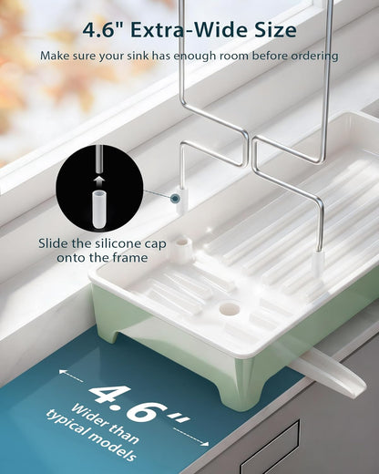 Minimalist Sink Caddy, Rustproof Sponge Holder for Kitchen Sink with 304 Stainless-Steel Brush Holder, Countertop Rack Organizer with Raised Ridges & Silicone Drain Tube (Black, Large)