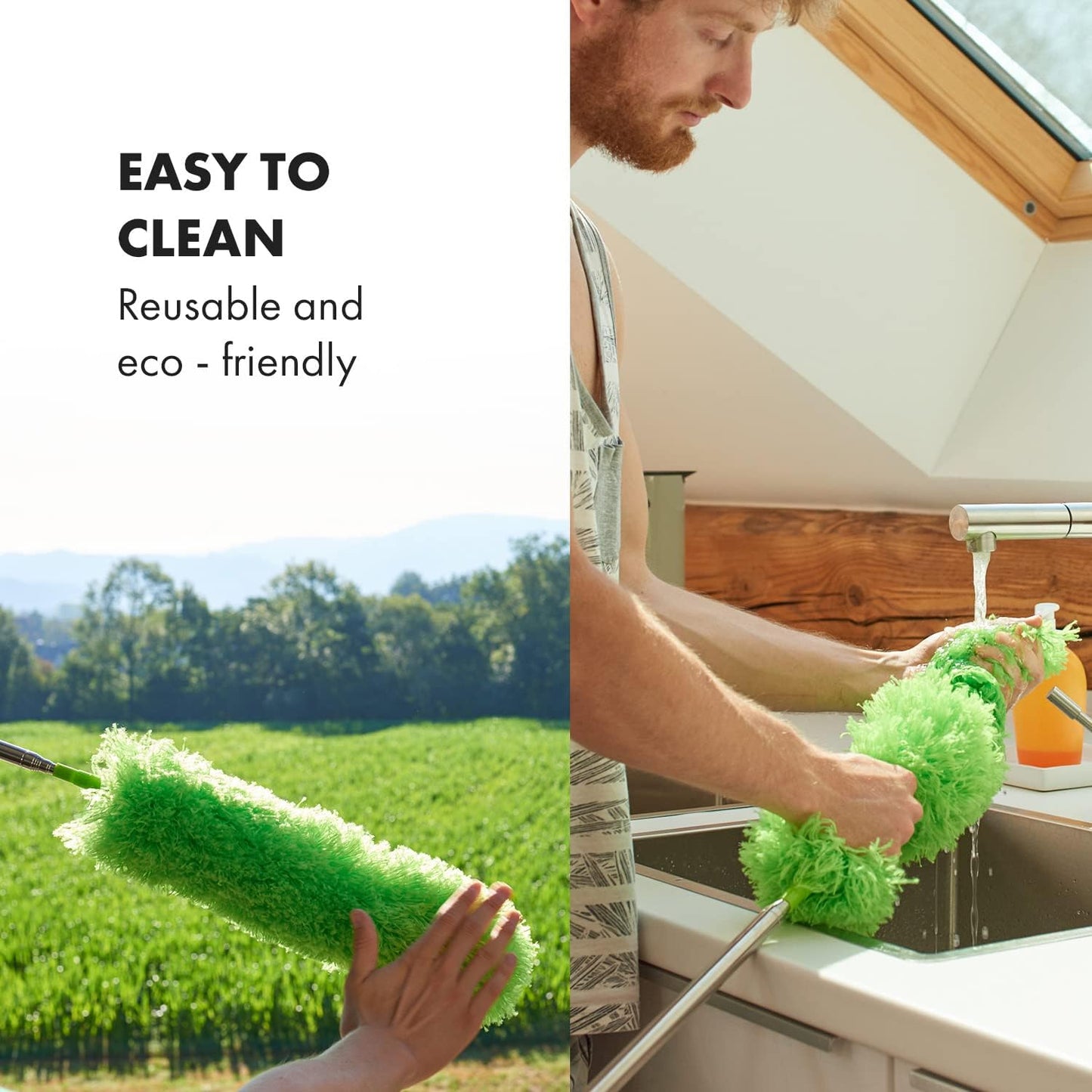Gütewerk Extendable Microfiber Duster, 55 Inch - Feather Dusters for Cleaning Ceiling Fans, Blinds, Baseboards & High Ceilings - Washable, Electrostatic, 360° Bendable Head, Stainless Steel Pole