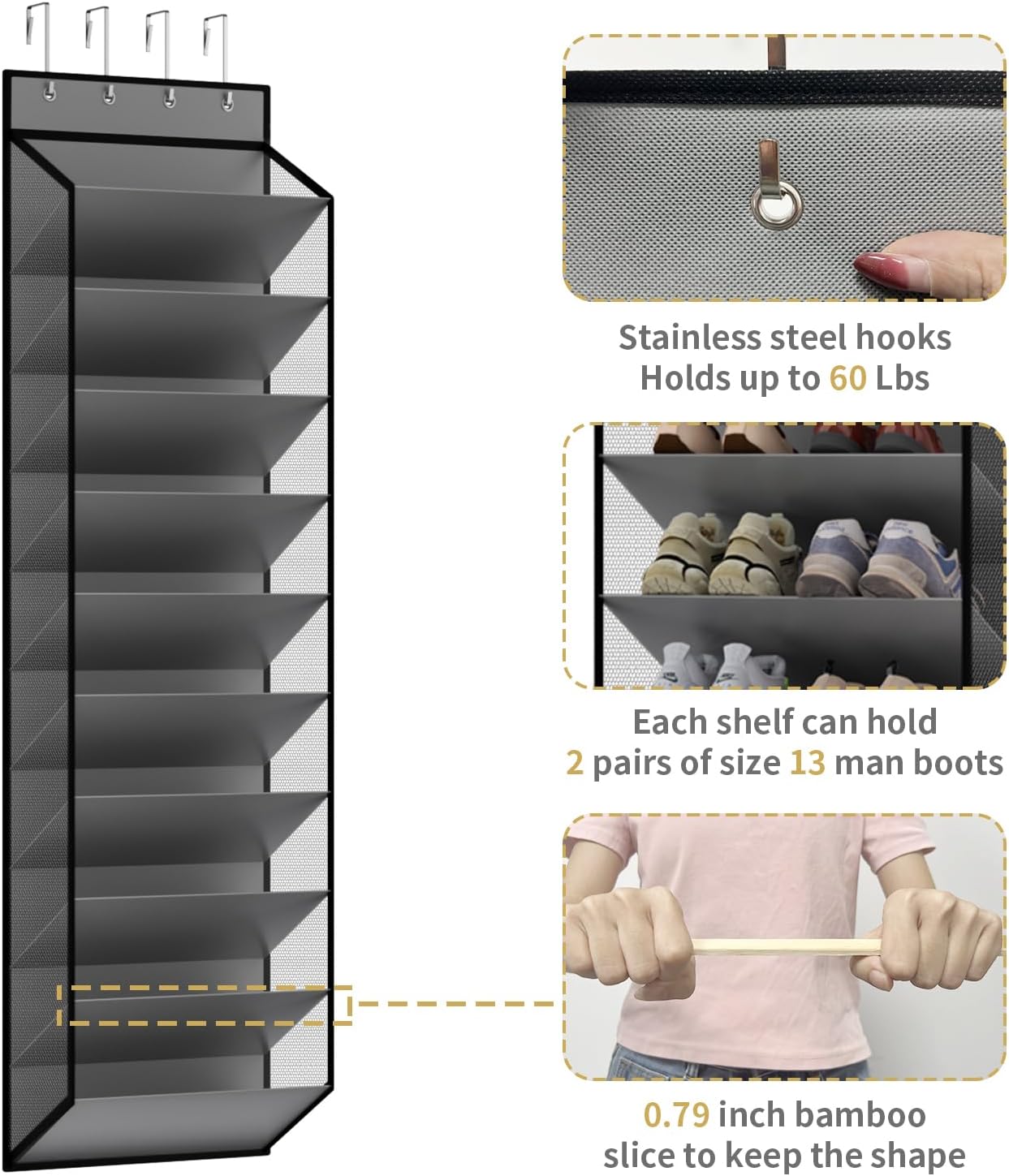 KEEPJOY Over the Door Shoe Organizer, Hanging Shoe Organizer with 4 Hooks, Shoe Holder with 14 Mesh Pockets Closet Door Shoe Storage Bag (White-2Pack)