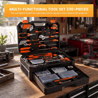 NEWBULIG 330-Piece Complete Tool Box Set, Durable Homeowners Tool Kit with Pull-Out Drawer, Versatile Home Repair Kit for Auto & Household, DIY Projects, Black-Red
