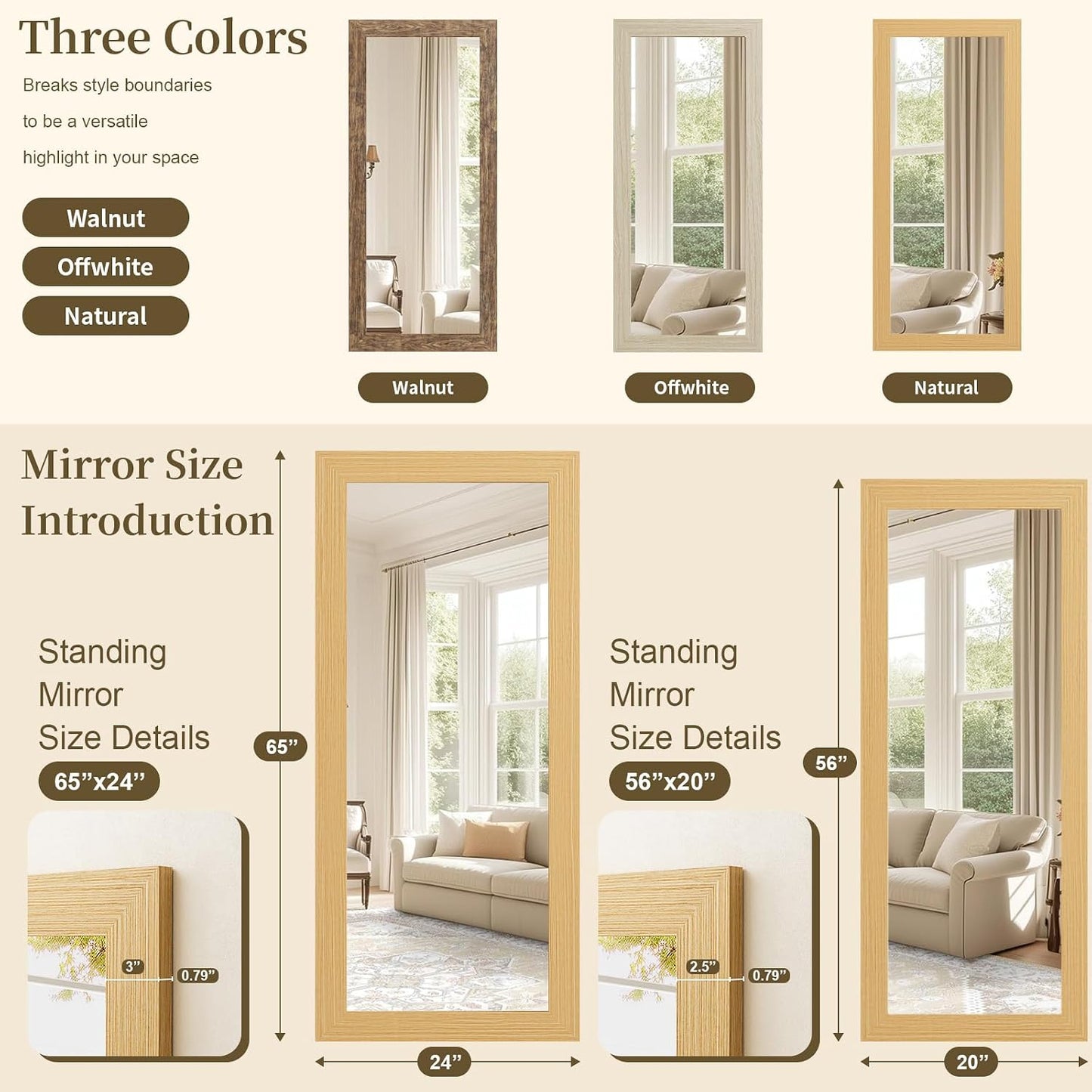 Syndra Modern Full Length Mirror Wood Frame, 65x24'' Large Floor Mirror with HD Tempered Glass & Wall Mount, Rectangular Standing Mirror for Bedroom, Living Room, Entryway, Farmhouse(Grey White Oak)