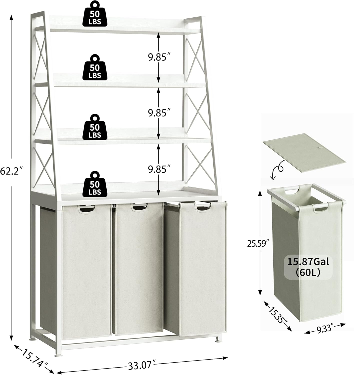 Herture Laundry Basket, 3 Section Laundry Hamper with 4 Tiers Shelf, Pull-Out and Removable Laundry Bags, Large 3 x 15.87 Gallons, for Laundry Room Bathroom Rustic Brown PF05XLN