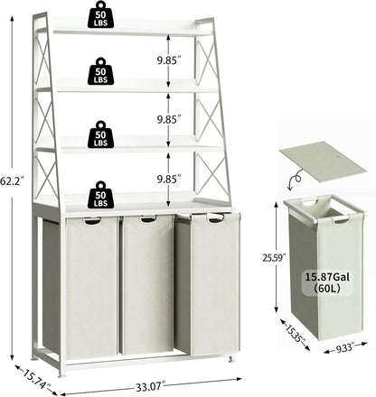 Herture Laundry Basket, 3 Section Laundry Hamper with 4 Tiers Shelf, Pull-Out and Removable Laundry Bags, Large 3 x 15.87 Gallons, for Laundry Room Bathroom Rustic Brown PF05XLN