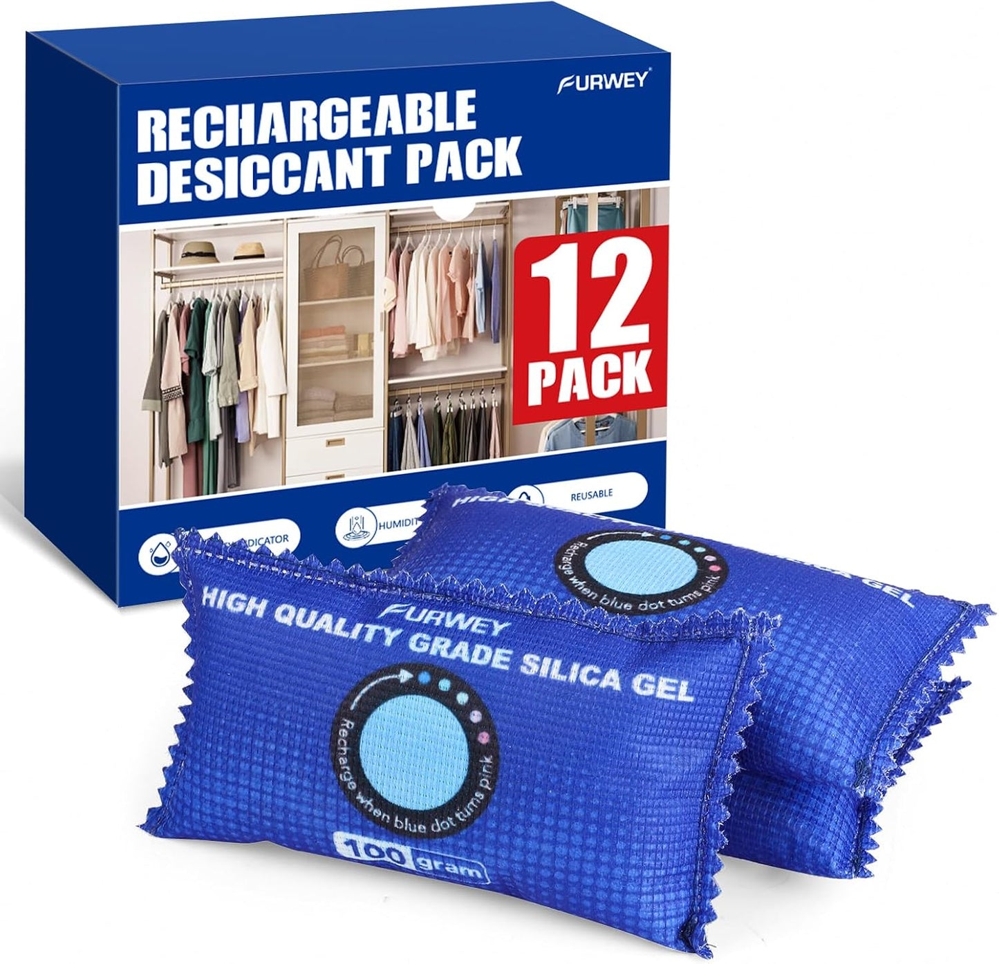 FURWEY 2 Pack Rechargeable Desiccant Packs, 100g Each, Blue, Color Indicating Silica Gel Dehumidifier Bags for Storage, Closets, Cars, Bins