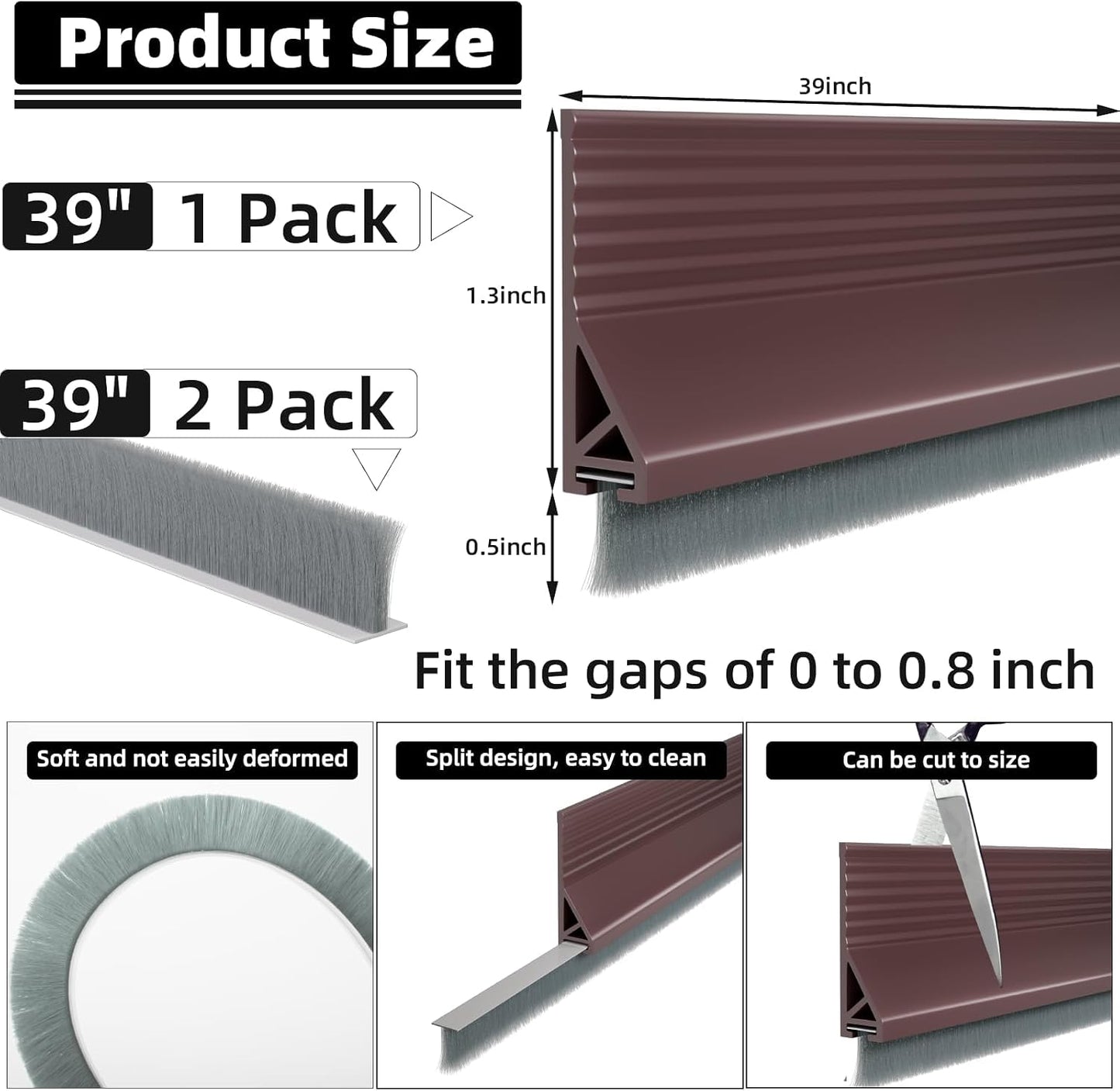 39” Under Door Draft Stopper with Brush,Bottom of Door Sweeps for Exterior & Interior,Gap Filler Sound Blocker Seal Strip,Draft Guard Dust Stopper(Black)