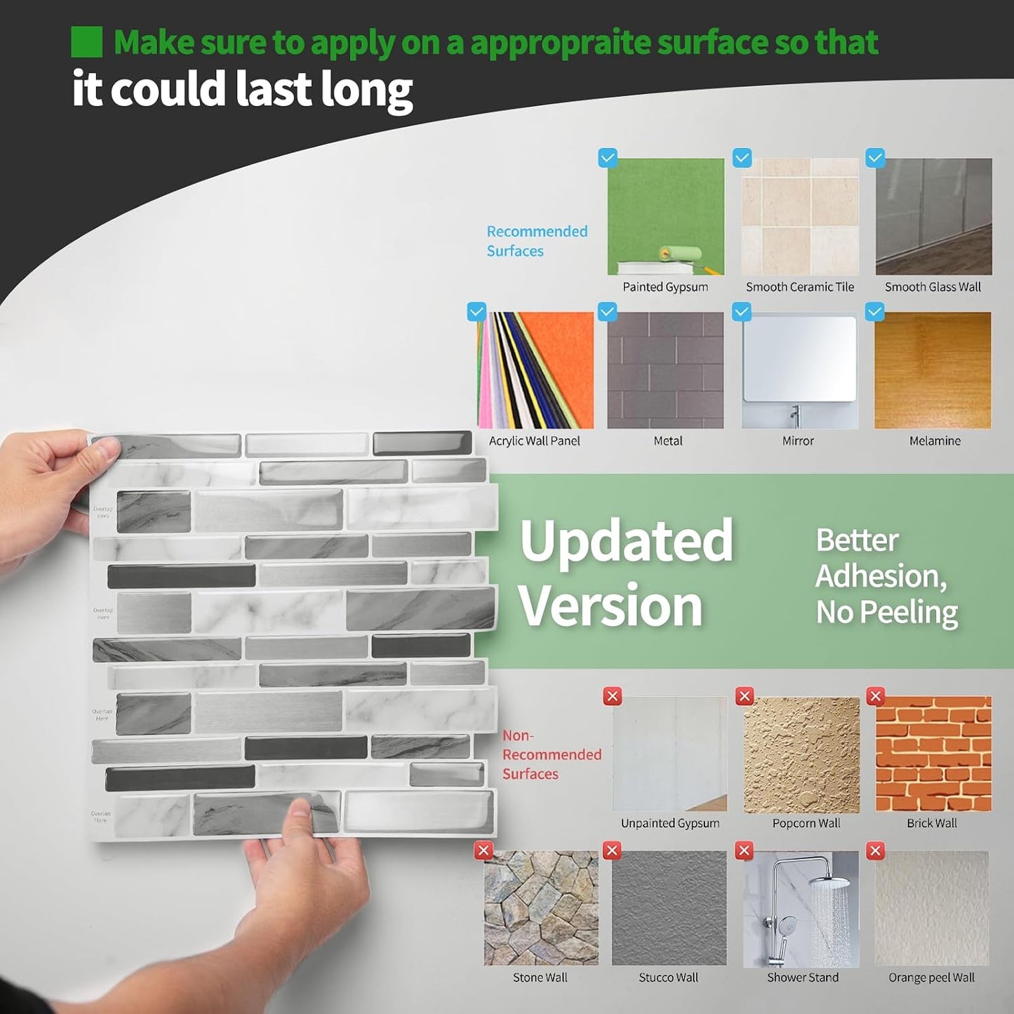 LONGKING Self-Adhesive Kitchen Backsplash, Marble Look Decorative Tiles (10 Tiles)