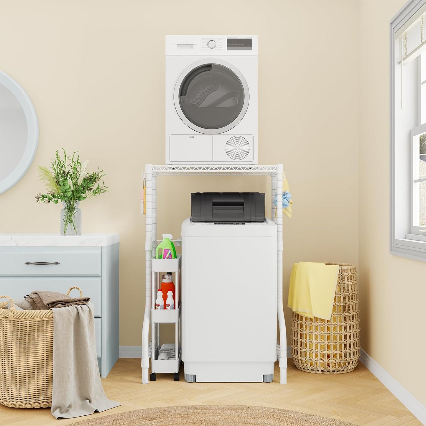 ULIFHOME U16 Upgraded Washer Dryer Stacking Rack for Narrow Laundry Room and Bathroom, Metal Over Washer and Dryer Storage Shelves for Saving Space, 29.5" W x 23.6" D x 53.1" H, Black