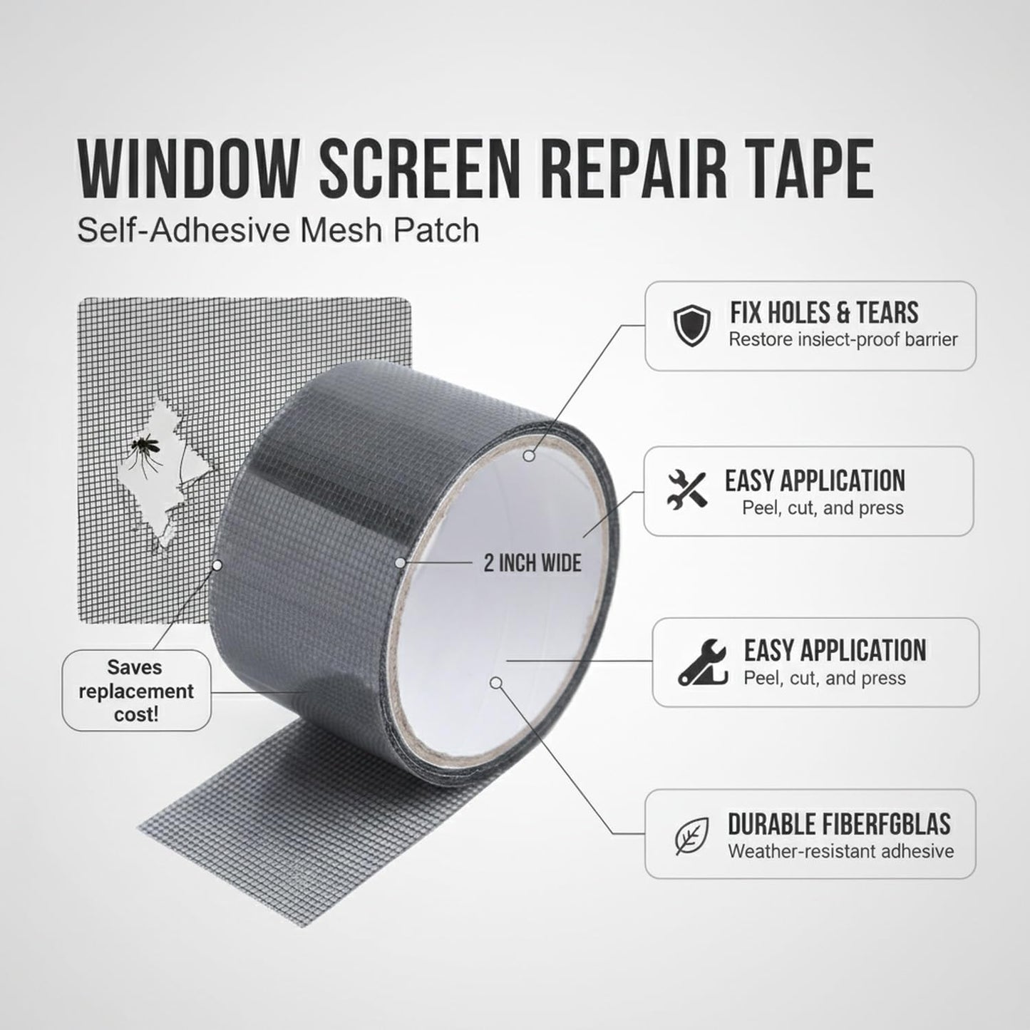 Self-Adhesive Window Screen Repair Tape, Fiberglass Mesh Patch for Holes and Tears, 2 in x 78.7 in Roll for Door and Window Screens