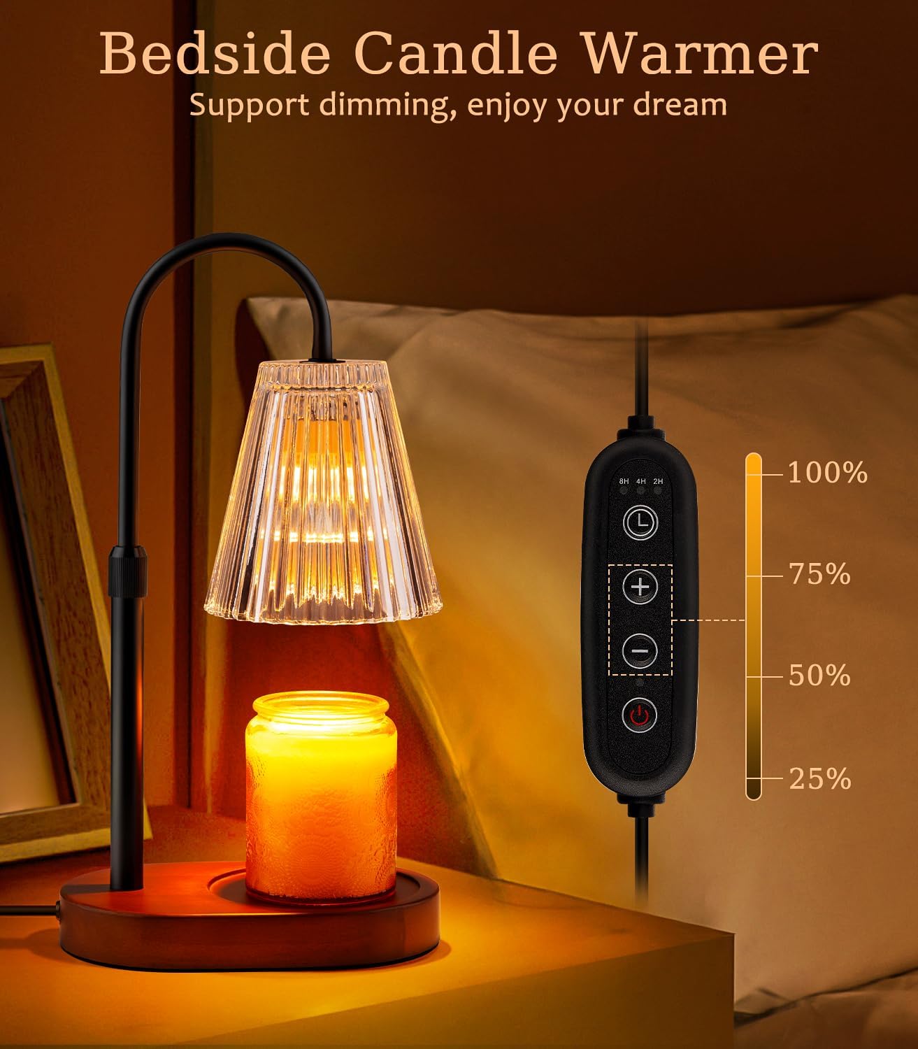 Candle Warmer Lamp with Timer - Electric Candles Wax Warmers Glass Lamps for Jar Candles Burner Adjustable Height and Dimmable Light Modern No Flame Scented Candle Warming Lantern, Amber