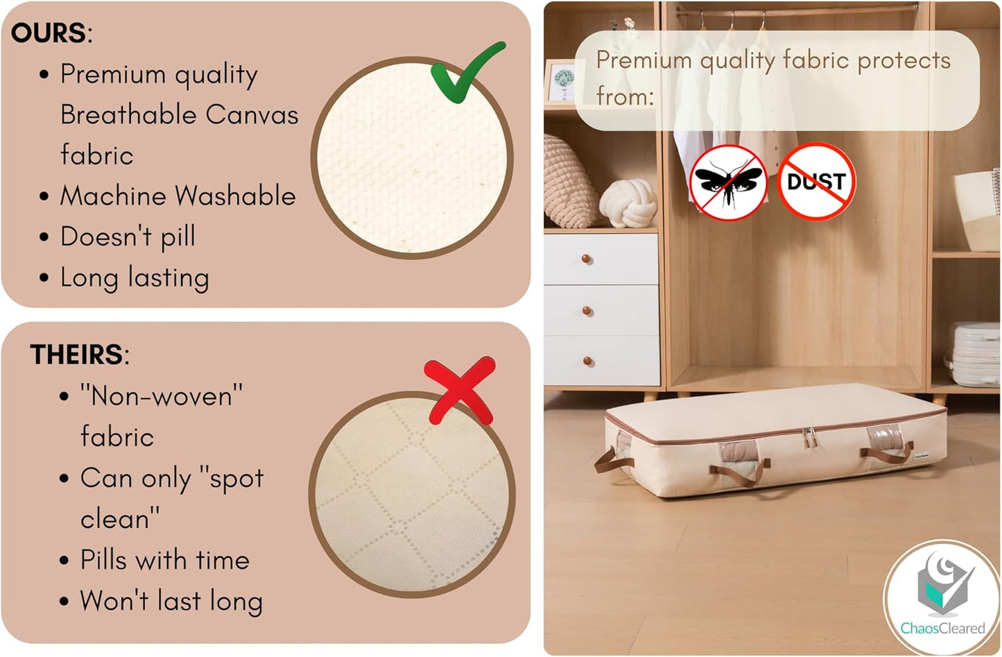 Chaos Cleared Canvas Storage Bags Designer Organizer for Comforters 2 Pack – Seasonal Storage for Pillows, Blankets, Linens & Garments – Foldable Design with Zip & Window, Moth-Proof Space Saver