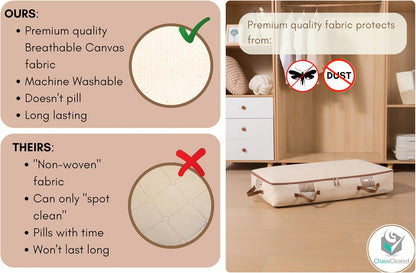 Chaos Cleared Canvas Storage Bags Designer Organizer for Comforters 2 Pack – Seasonal Storage for Pillows, Blankets, Linens & Garments – Foldable Design with Zip & Window, Moth-Proof Space Saver