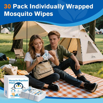 30 PCS Individually Wrapped Mosquito Repellent Wipes, Natural Insect Repellent Wipes Provide 6-8 Hrs Protection, DEET-Free Mosquito Wipes with Travel-Size for Camping, Picnic, BBQ, Travel, Outdoor Use