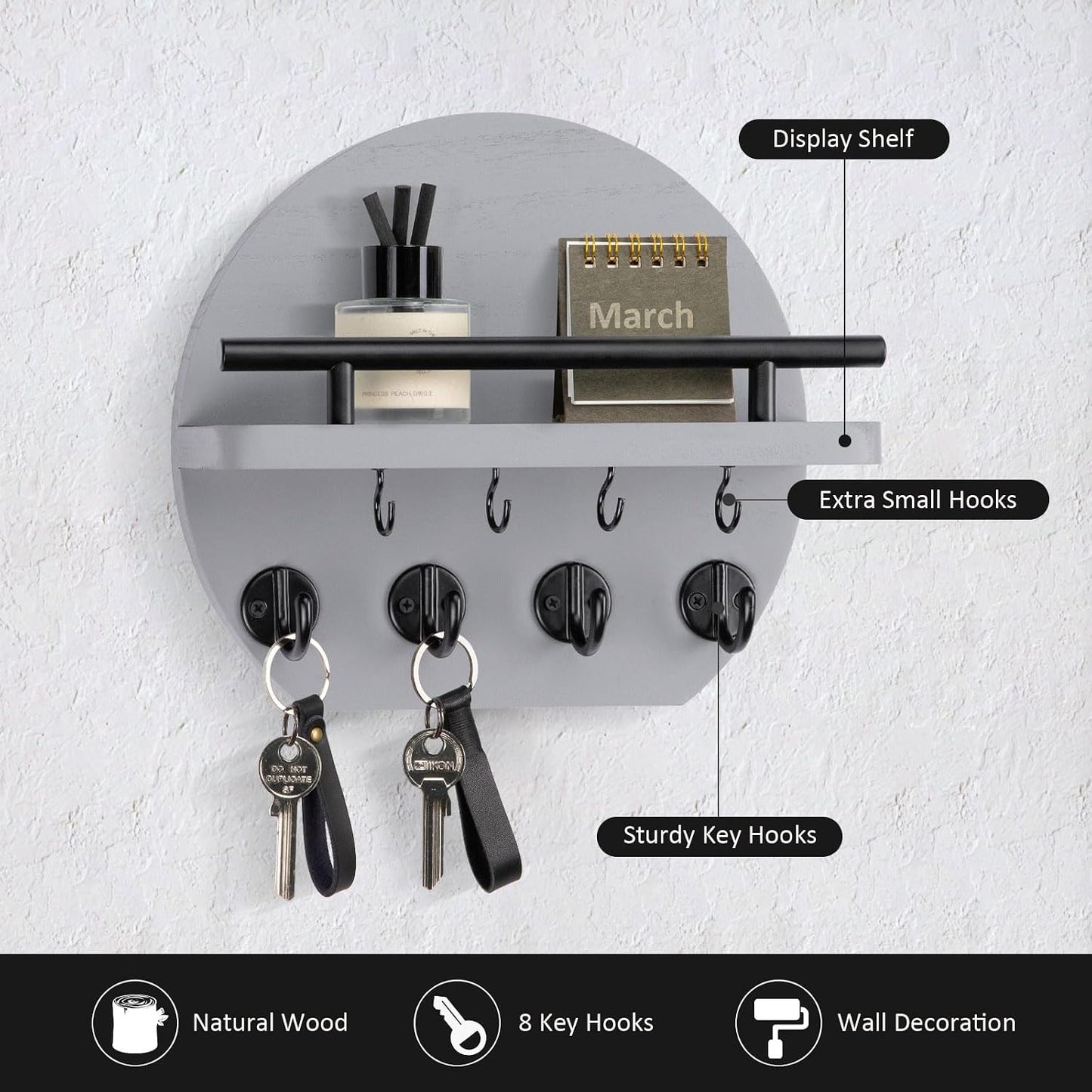 Nekon Key Holder for Wall - 9.8 Inch Apartment Wall Decor with Shelf and 8 Key Hooks, Circular Wood Key Hanger for Home Decor (Black with Golden Hooks)