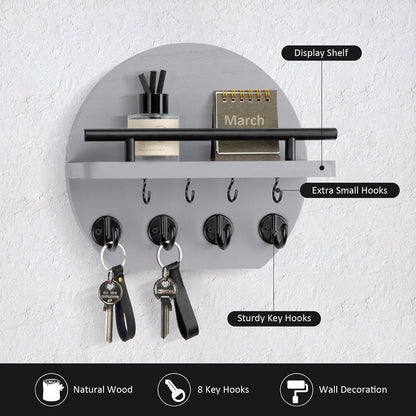 Nekon Key Holder for Wall - 9.8 Inch Apartment Wall Decor with Shelf and 8 Key Hooks, Circular Wood Key Hanger for Home Decor (Black with Golden Hooks)