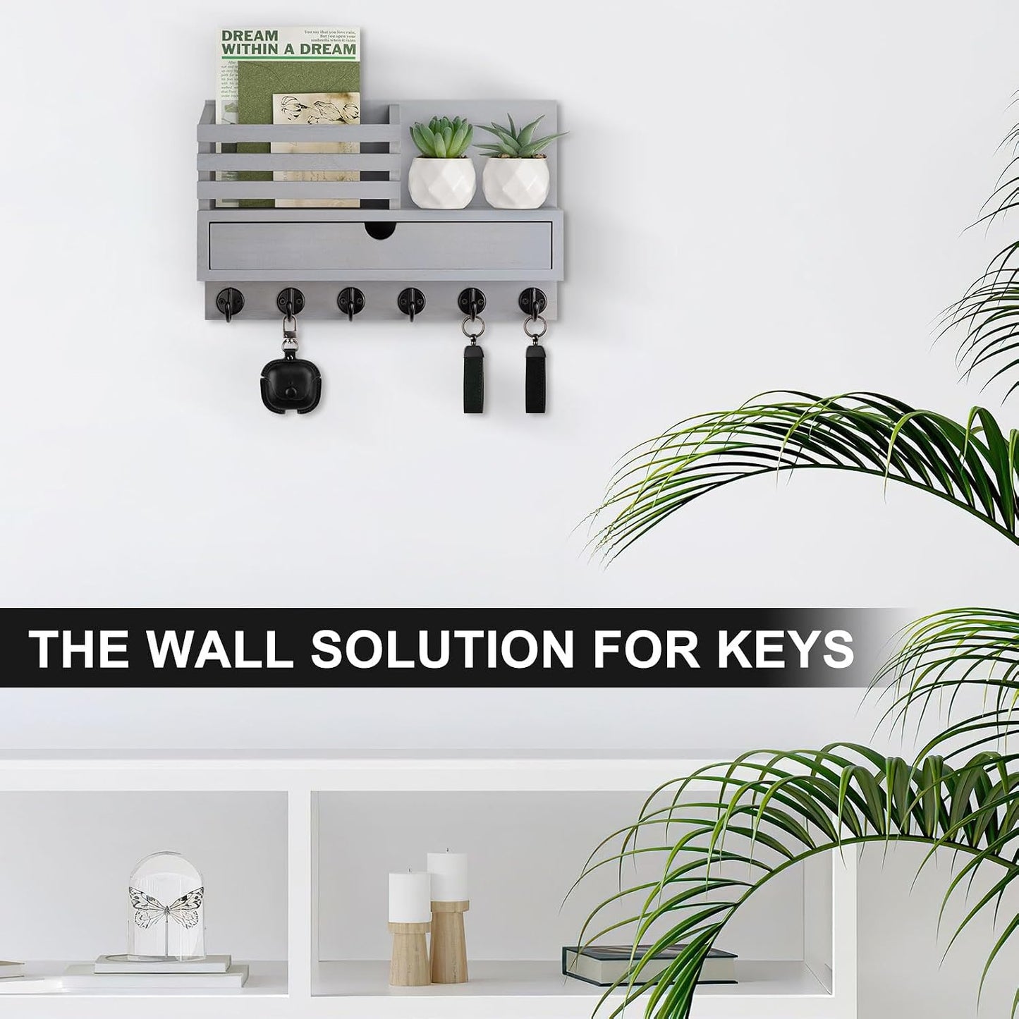 Key Holder Wall Mount, Mail Holder with Storage Drawer and 5 Key Hooks for Coat, Dog Leash, Home Decor Rack, House Accessories, Entry Way Organizer